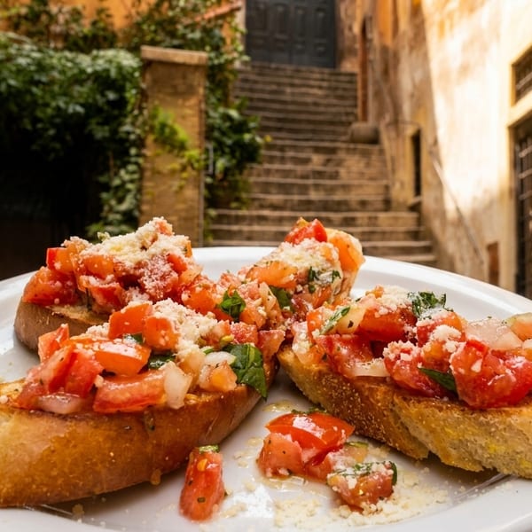 Bruschetta with diced tomatoes, basil, and cheese on a white plate in an Italian alleyway.