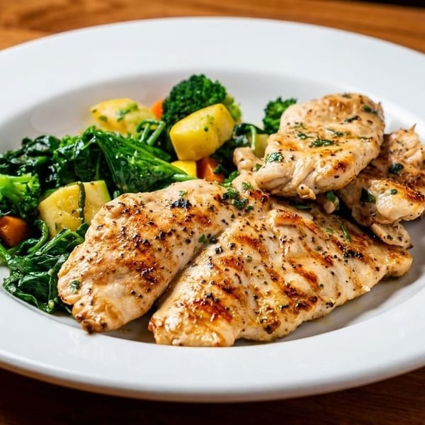 Grilled chicken breasts with sautéed spinach, broccoli, and diced potatoes on a white plate.