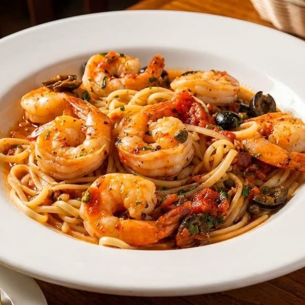 Linguine pasta with shrimp, tomato sauce, olives, and capers in a white bowl.