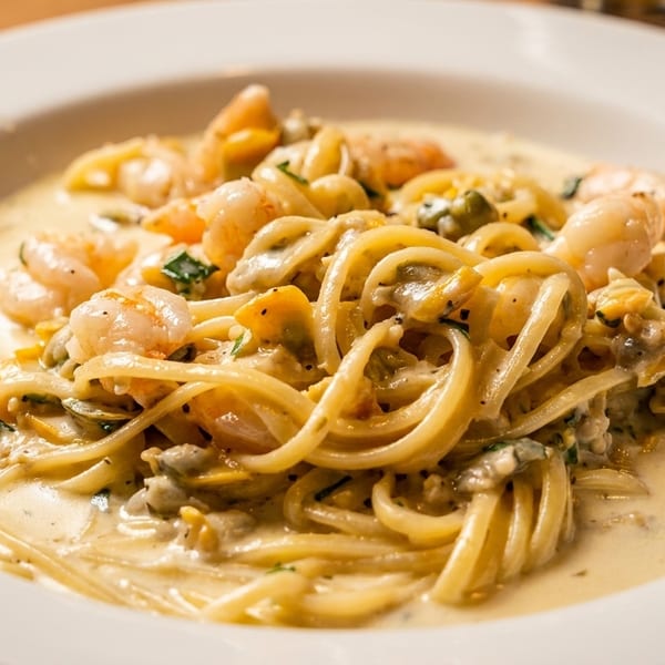 Creamy seafood pasta with shrimp, clams, and linguine noodles in a white bowl.