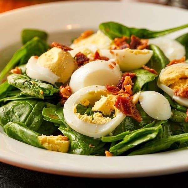Spinach salad with sliced hard-boiled eggs and crumbled bacon in a white bowl.