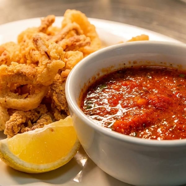 Crispy fried calamari with a lemon wedge and a side of red marinara sauce.