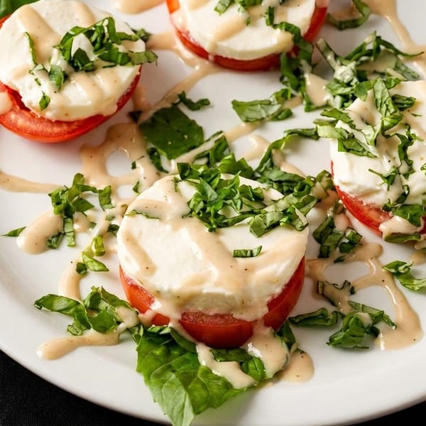 Caprese salad with sliced tomatoes, fresh mozzarella, basil, and a creamy dressing on a white plate.