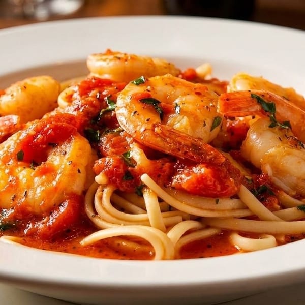 Close-up of shrimp scampi with linguine pasta and red sauce in a white bowl.