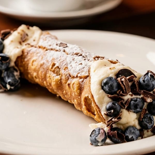 A cannoli filled with cream, topped with blueberries, chocolate shavings, and powdered sugar on a white plate.