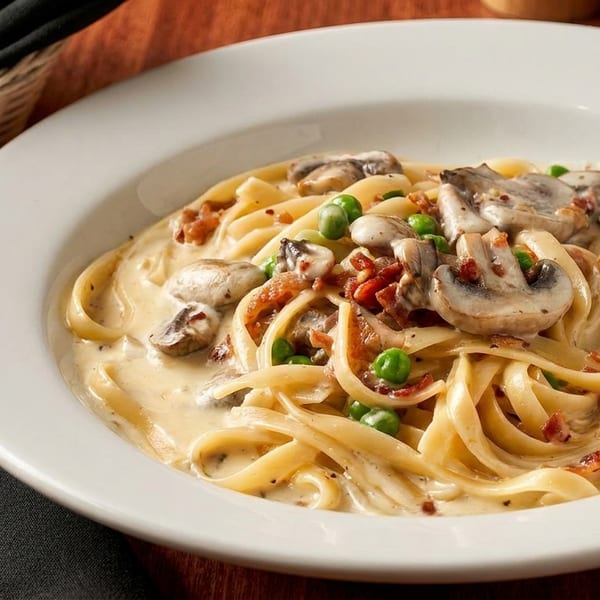 Creamy fettuccine pasta with mushrooms, peas, and bacon bits in a white bowl.